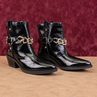 Love Moschino Women Western Harness Patent Leather Block Ankle Boots 6US EUR36