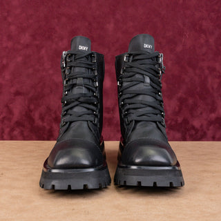 DKNY Women River Black Leather Platform Lug Festival Fashion Combat Boots sz 9