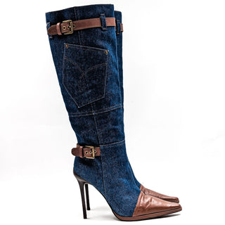 Jeffrey Campbell Women Blu Jean Denim Leather Patchwork Fashion Boots size 8