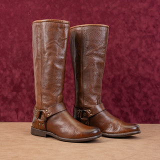 Frye Wmn Phillip Moto Back Zip Dark Brown Leather Harness Moto Riding Boots 6.5