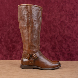 Frye Wmn Phillip Moto Back Zip Dark Brown Leather Harness Moto Riding Boots 6.5