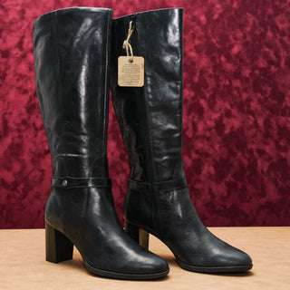 Born Women Ellendel Black Leather Vintage Retro Strap Zip Tall Knee Boots sz 9