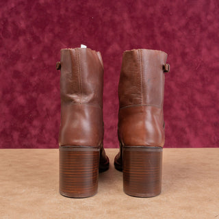 Aquatalia Women Boho Cottage Brown Leather Slip Chunky Heel Ankle Boots sz 9.5