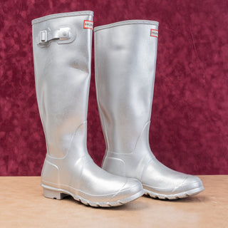 Hunter Women Original Cosmic Silver Glitter Rain Wellies Knee Boots 8US EUR39