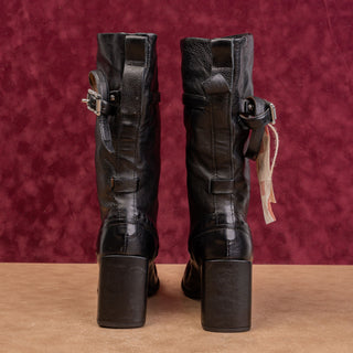 AS98 Women Ebby Black Leather Pointy Fashion Buckle Moto Boots 6-6.5 US EUR37