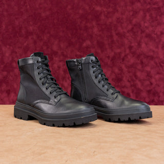 Vince Men Raider Black Leather Fabric Lace-up Zip Combat Boots sz 7.5US EUR40.5