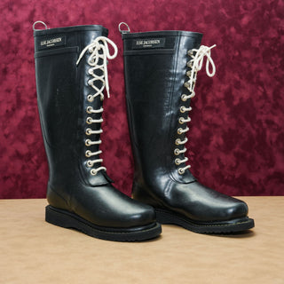 Ilse Jacobsen Women Tall Wide Calf Rain Black Rubber Boots Size 7US EUR38
