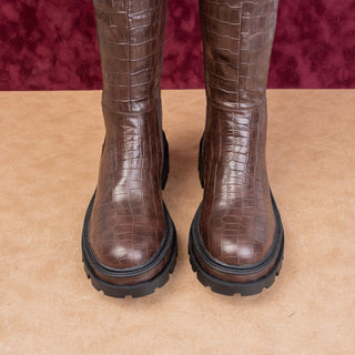 Torgeis NY Women Brown Croc Vegan Leather Platform Party Festival Boots sz 6.5
