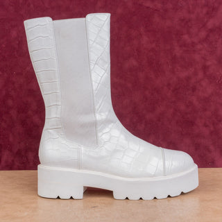 Stuart Weitzman Wmn Croc Print White Leather Platform Ankle Chelsea Boots sz 11
