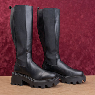 Zara Women Black Vegan Leather Platform Slip-on Festival Party Boots 9US EUR39