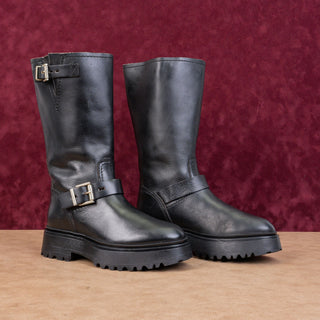 AllSaints Women Marisa Black Leather Moto Biker Buckle Mid calf boots 7US EUR37