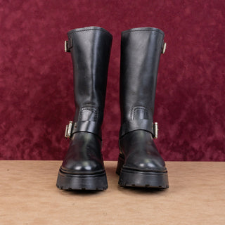 AllSaints Women Marisa Black Leather Moto Biker Buckle Mid calf boots 7US EUR37