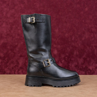 AllSaints Women Marisa Black Leather Moto Biker Buckle Mid calf boots 7US EUR37