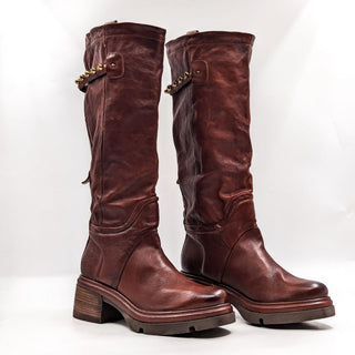 AS98 Wmn Elton Brown Leather Round Platform Moto Biker Boots 10.5-11US EUR42