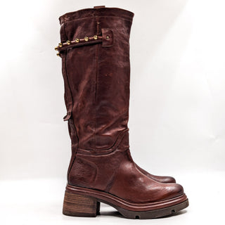 AS98 Wmn Elton Brown Leather Round Platform Moto Biker Boots 10.5-11US EUR42