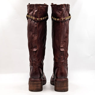 AS98 Wmn Elton Brown Leather Round Platform Moto Biker Boots 10.5-11US EUR42