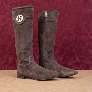 Tory Burch Women Brown Suede TT Logo Zipper Fashion Knee Boots sz 6.5