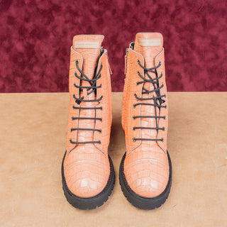 Giuseppe Zanotti Women Pink Salmon Croc Lace Leather Combat Boots 10.5US EUR 41