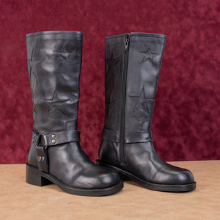 Vintage Foundry Women Mathilde Black Leather Moto Biker Star Print Boots sz 7