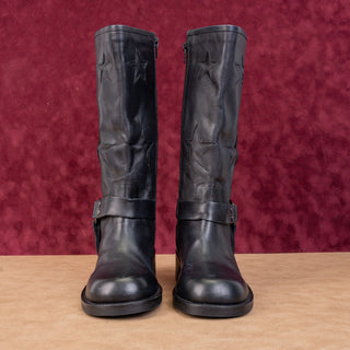 Vintage Foundry Women Mathilde Black Leather Moto Biker Star Print Boots sz 7