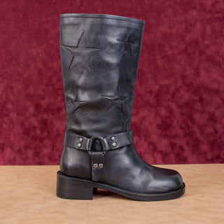 Vintage Foundry Women Mathilde Black Leather Moto Biker Star Print Boots sz 7