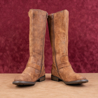 Born Women Harness Distress Brown Leather Zip Riding Knee Boots sz 5