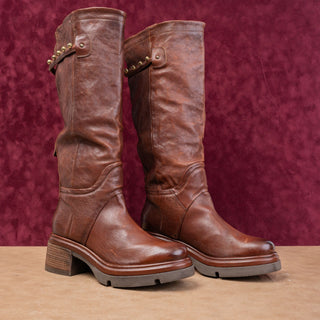 AS98 Wmn Elton Brown Leather Round Platform Moto Fashion Boots 10.5-11US EUR42
