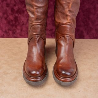 AS98 Wmn Elton Brown Leather Round Platform Moto Fashion Boots 10.5-11US EUR42