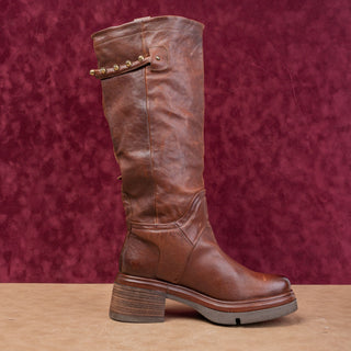 AS98 Wmn Elton Brown Leather Round Platform Moto Fashion Boots 10.5-11US EUR42