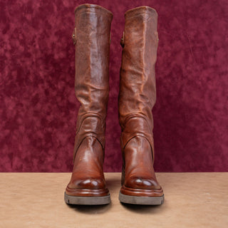 AS98 Wmn Elton Brown Leather Round Platform Moto Fashion Boots 10.5-11US EUR42