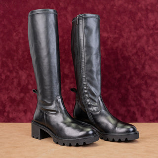 Paul Green Women Mil Black Leather Lug Sole Fashion Tall Boots sz 8.5US AUS 6