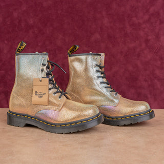 Dr Martens Women Rainbow Gold Metallic Leather Lace-up Combat Boots sz 8