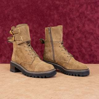 See by Chloe Wmn Mallory Military Green Suede Lace-up Moto Biker Boots 8US EUR38