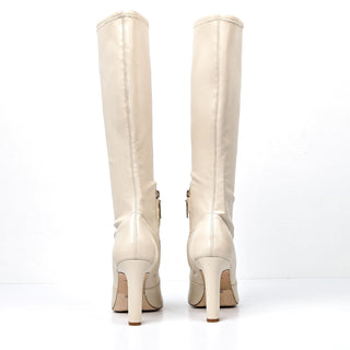 Larroude Women Christy Iced Ivory Faux Leather Pointy Toe Block Knee Boots sz 10