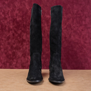Aquatalia Wmn Nano Black Leather Stretch Riding Dress Fashion Knee Boots sz 6.5