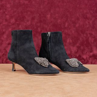 Tory Burch Women Crystal embellishment Bow Black Suede Ankle Boots sz 6.5