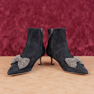 Tory Burch Women Crystal embellishment Bow Black Suede Ankle Boots sz 6.5