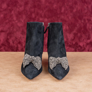Tory Burch Women Crystal embellishment Bow Black Suede Ankle Boots sz 6.5