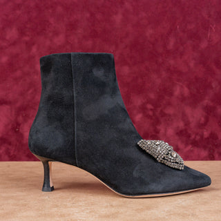 Tory Burch Women Crystal embellishment Bow Black Suede Ankle Boots sz 6.5