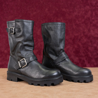 Steve Madden Women Glee Black Leather Moto Biker Strap Ankle Boots sz 9.5