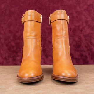 Vince Camuto Women Vergila Caramel Leather Moto Biker Chunky Boots Size 8.5
