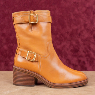 Vince Camuto Women Vergila Caramel Leather Moto Biker Chunky Boots Size 8.5