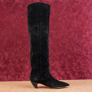 LABUCQ Women Black Suede Kitten OTK Pointy Toe Fashion Boots sz 5.5-6US EUR 36