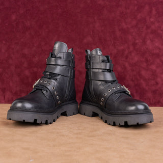 Roberto Cavalli Class Women Black Leather Moto Biker Festival Boots 10US EUR41