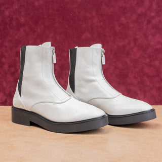 Stuart Weitzman Women Lodge White Leather Front Zip Ankle Boots size 7.5