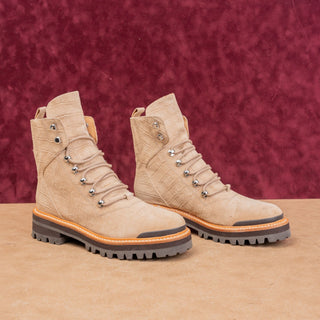 Marc Fisher Women Lace-up Croc Print Beige Suede Fall Comfort Combat Boots 7.5
