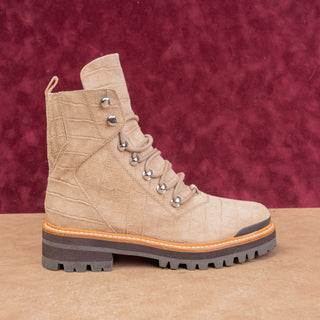 Marc Fisher Women Lace-up Croc Print Beige Suede Fall Comfort Combat Boots 7.5