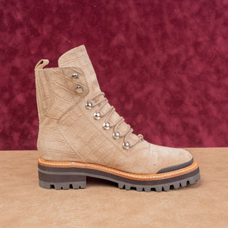 Marc Fisher Women Lace-up Croc Print Beige Suede Fall Comfort Combat Boots 7.5