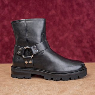 Frye Women Oliva Black Leather Lace-up Zip Lug Harness Moto Ankle Boots sz 8.5