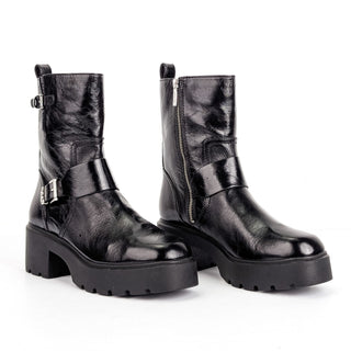 Michael Kors Women Perry Black Patent Leather MK Festival Moto Boots sz 8.5